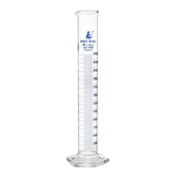 Graduated Cylinder, 250ml - Class A Tolerance ?1.00ml - Hexagonal Base - Blue Graduations - Borosilicate 3.3 Glass - Eisco Labs