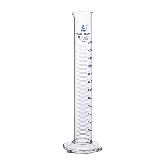 Graduated Cylinder, 250ml - Class B Tolerance 2.00ml - Hexagonal Base - Blue Graduations - Borosilicate 3.3 Glass - Eisco Labs
