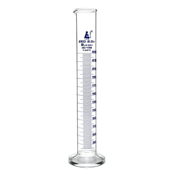 Graduated Cylinder, 250ml - Class B Tolerance ?2.00ml - Round Base - Blue Graduations - Borosilicate 3.3 Glass - Eisco Labs