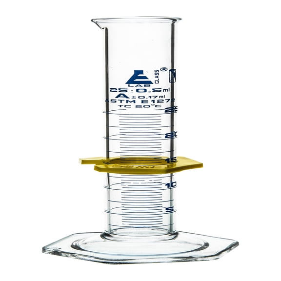 Graduated Cylinder, 25mL - ASTM, Class A Tolerance 0.17mL - Protective Collar, Hexagonal Base - Blue Graduations - Borosilicate 3.3 Glass - Eisco Labs