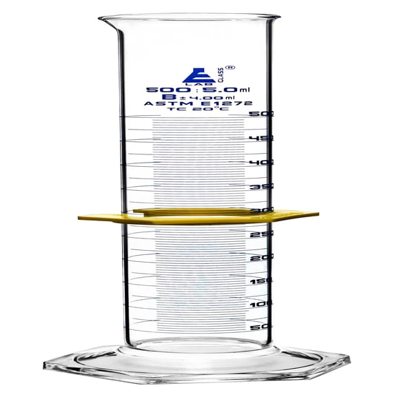 Graduated Cylinder, 500mL - ASTM, Class B Tolerance 4.00mL - Protective Collar, Hexagonal Base - Blue Graduations - Borosilicate 3.3 Glass - Eisco Labs