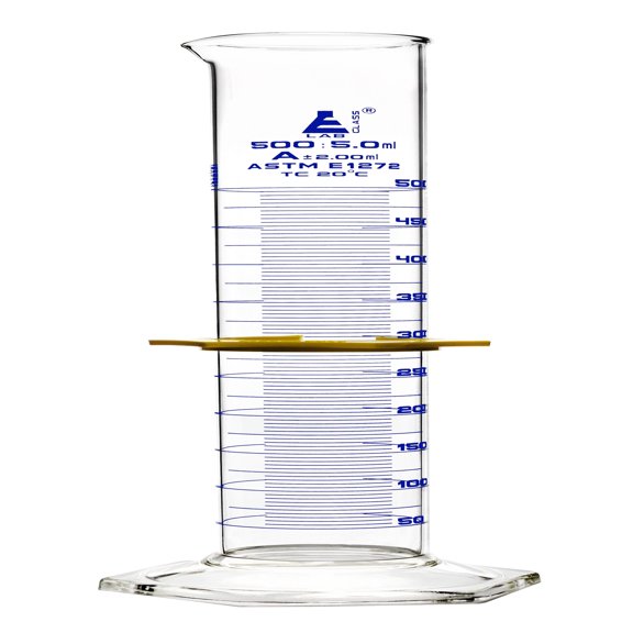 Graduated Cylinder, 500mL - ASTM, Class A Tolerance 2.00mL - Protective Collar, Hexagonal Base - Blue Graduations - Borosilicate 3.3 Glass - Eisco Labs