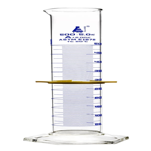 Graduated Cylinder, 500mL - ASTM, Class A Tolerance 2.00mL - Protective Collar, Hexagonal Base - Blue Graduations - Borosilicate 3.3 Glass - Eisco Labs