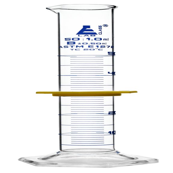 Graduated Cylinder, 50mL - ASTM, Class B Tolerance 0.50mL - Protective Collar, Hexagonal Base - Blue Graduations - Borosilicate 3.3 Glass - Eisco Labs