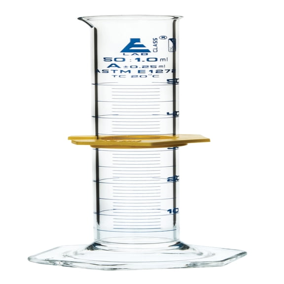 Graduated Cylinder, 50mL - ASTM, Class A Tolerance 0.25mL - Protective Collar, Hexagonal Base - Blue Graduations - Borosilicate 3.3 Glass - Eisco Labs