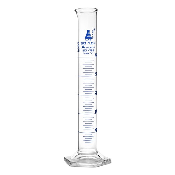 Graduated Cylinder, 50ml - Class A Tolerance 0.50ml - Hexagonal Base - Blue Graduations - Borosilicate 3.3 Glass - Eisco Labs