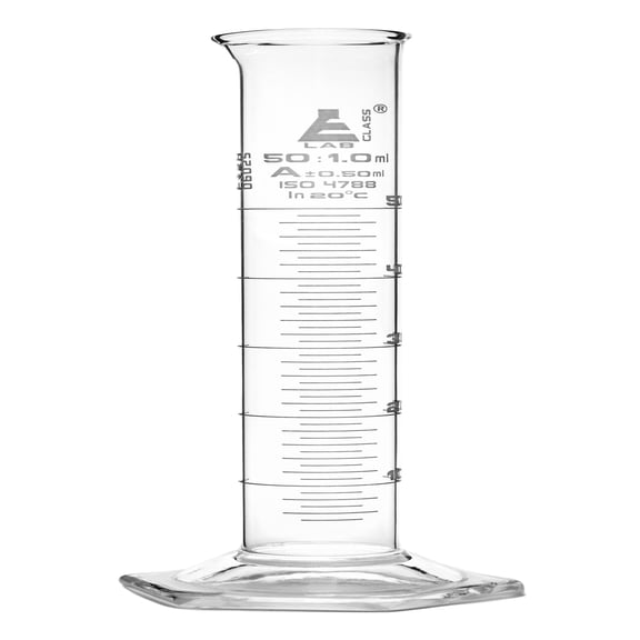 Graduated Cylinder, 50ml - Class A Tolerance 0.50ml - Hexagonal Base - White Graduations - Borosilicate 3.3 Glass - Eisco Labs