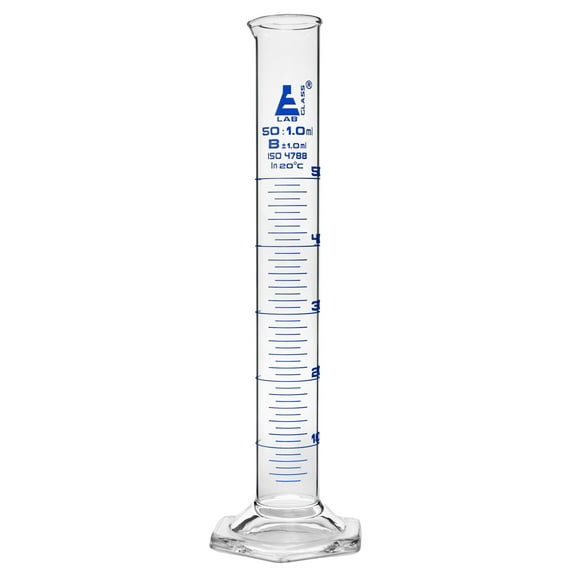 Graduated Cylinder, 50ml - Class B Tolerance ?1.00ml - Hexagonal Base - Blue Graduations - Borosilicate 3.3 Glass - Eisco Labs