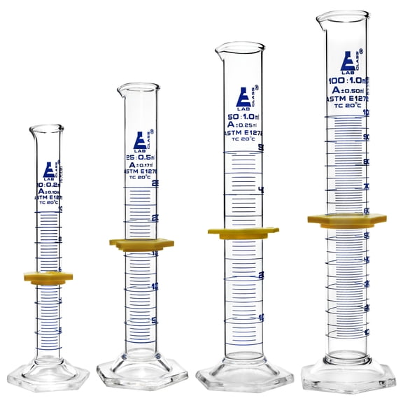 Graduated Cylinders 4 Piece Set - ASTM, Class A - 10mL, 25mL, 50mL & 100mL - Protective Collars, Hexagonal Base - Blue Graduations - Borosilicate 3.3 Glass - Eisco Labs