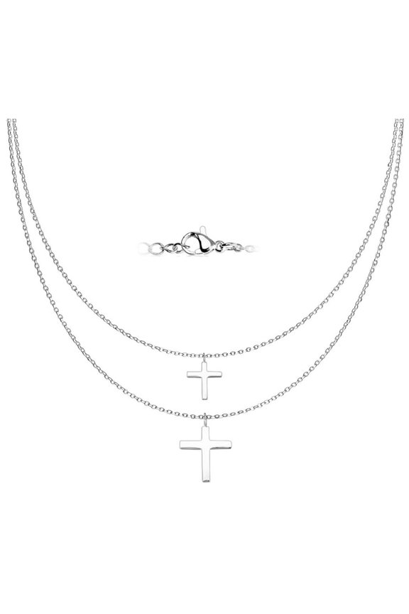 Graduated Stainless Steel Double Chain Cross Pendants Necklace Age 13+