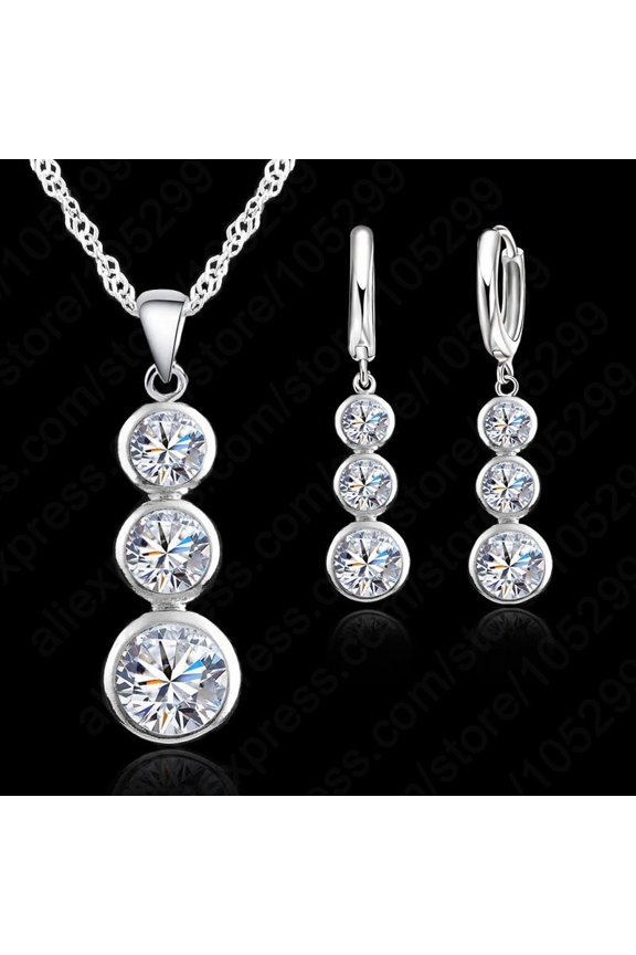 Graduated Three-Stone Cubic Zirconia Jewelry Set, Bezel Set Drop Pendant Necklace & Hoop Earrings for Women