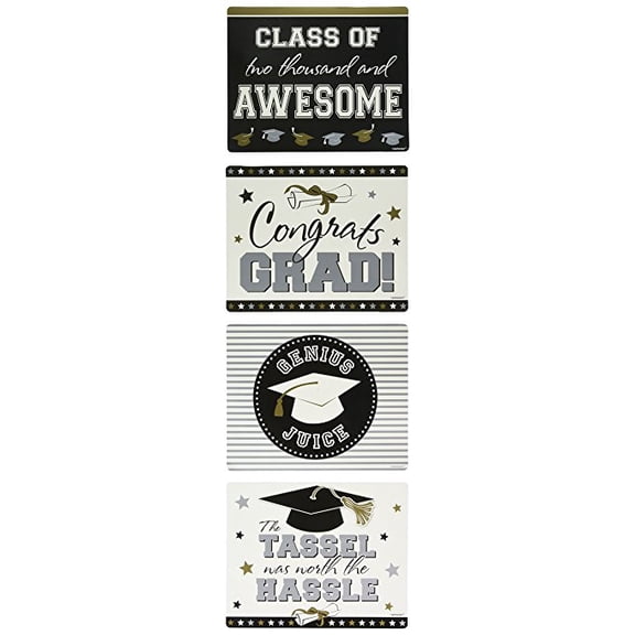 Stick On 2-Liter Bottle Graduation Labels for Black, Silver and Gold Party Theme, Plastic, 7" x 5", Pack of 4.