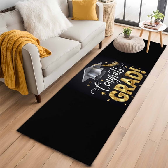 Graduation 2'x6' Runner Rugs for Hallway Kitchen Bedside Non Slip Washable, School Grad Gold Stars Black Entryway Rug Runners with Rubber Backing, Long Carpet Runner for Laundry Room