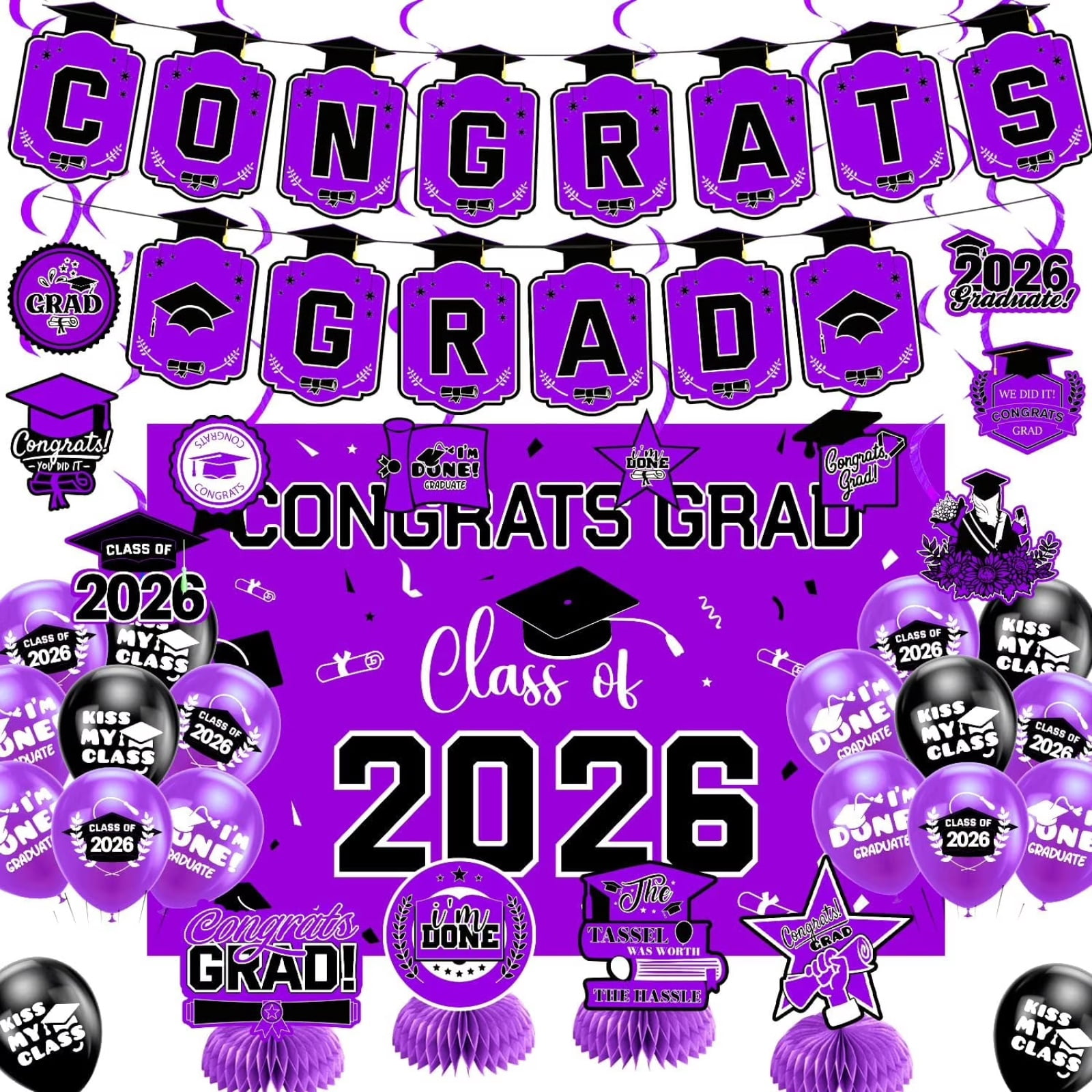 Graduation 2026, Class of 2026 Decorations, Grad Party Decor, Blue Party Decorations, Congrats Balloons, Graduation Banner, Grad Cap Decorations, Photo Props for Photo Booth, 2026