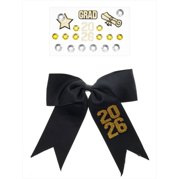 Graduation 2026 Customizable Hair Bow with Sticker Sheet, Black, 2 Piece
