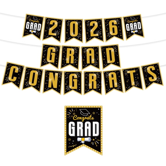 Graduation 2026 Decorations, Black Gold Congrats Grad Banners with Grad Cap Sign, for Graduation Party Decor, High School Grad, College Grad, Class of 2026 Celebration