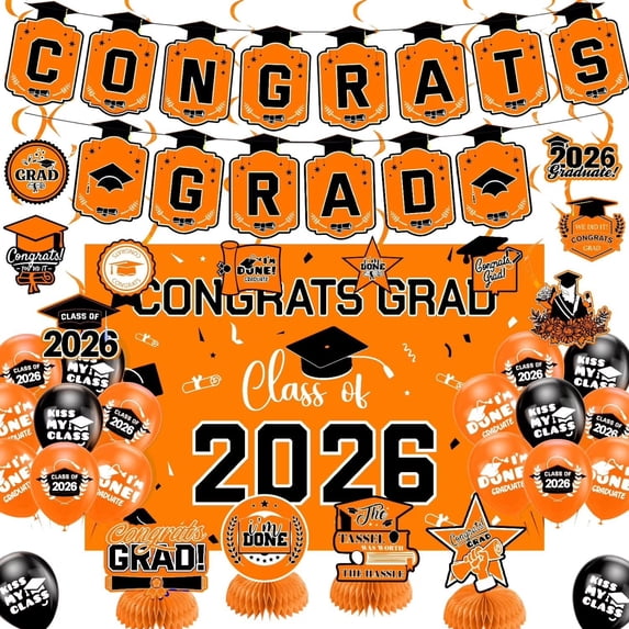 Graduation 2026 Decorations, Congrats Grad Banner, Orange Black and Blue Balloons, Graduation Balloons, Photo Booth Props, Graduation Cap Decorations, 12 In, 28 Pc, Indoor Outdoor