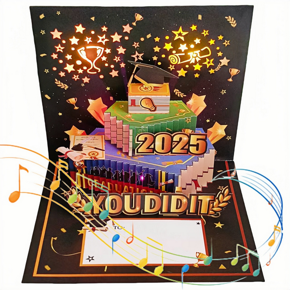 Graduation 3D Pop-Up Greeting Card with Music and Light - "You Did It" & "We Did It" - Handcrafted Creative Keepsake for Graduation Celebration