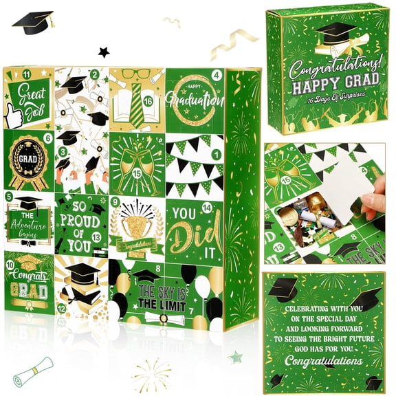 Graduation Advent Calendar Empty Gift Box, 16 Days of Graduation Gift Box, Fill It Yourself Grad Box for Graduations Gifts & Surprise Packaging, Green