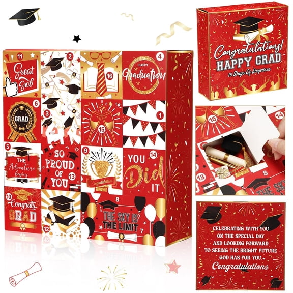 Graduation Advent Calendar Empty Gift Box, 16 Days of Graduation Gift Box, Fill It Yourself Grad Box for Graduations Gifts & Surprise Packaging, Red