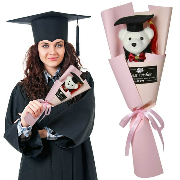Graduation Artificial Flower Bouquet, Graduation Bear Flower Bouquet Plush Bear Doll Rose Bouquet for Class of 2025 Grad Party Favor