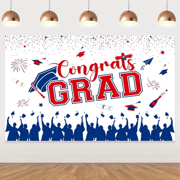 Graduation Backdrop Banner Red Blue Large Congrats Grad Party Supplies Decorations Photography Background for 2023 Graduation Party