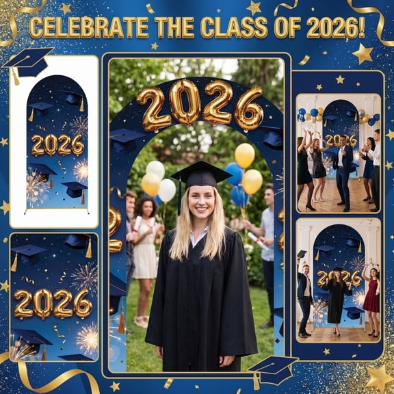 Graduation Backdrop Blue Congrats Grad Banner Class of 2026 Congratulation Graduate Photo Background for High School College Celebration Prom Party Decor Outdoor Indoor