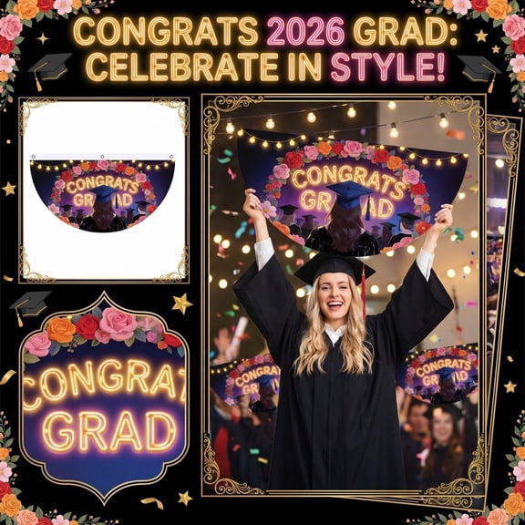 Graduation Backdrop Class of 2026, Black and Gold Congrats Grad Decorations, 2026 Prom Graduation Party Supplies, Photo Booth Background Banner for Indoor Outdoor Celebration,A