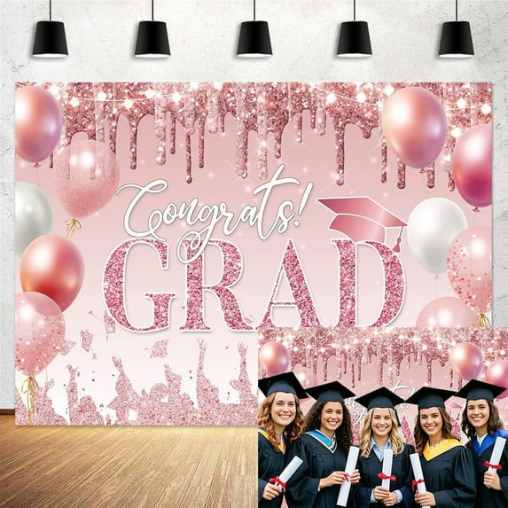 Graduation Backdrop Class of 2026 Rose Gold Congrats Grad Prom Photography Background Bachelor Cap Balloons Congratulations Party Decorations Banner Photo Studio Props
