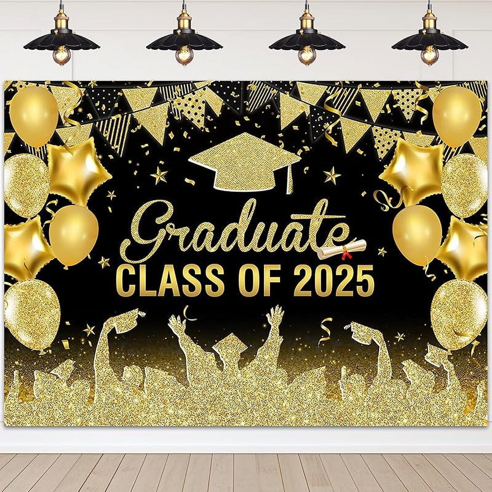 Graduation Backdrop - Navy Blue & Silver Glitter Congrats Banner For Class Of 2025 Photos
