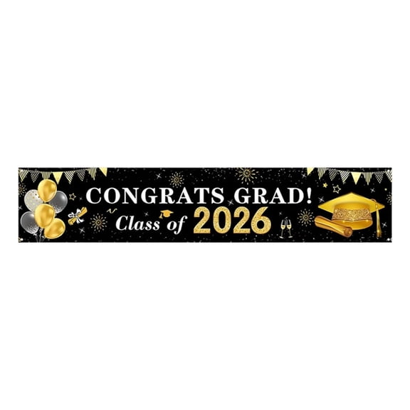 Graduation Backdrop Party Decoration 2026 Banners Black Gold Theme Polyester Banners 200X40Cm For Photos Decoration