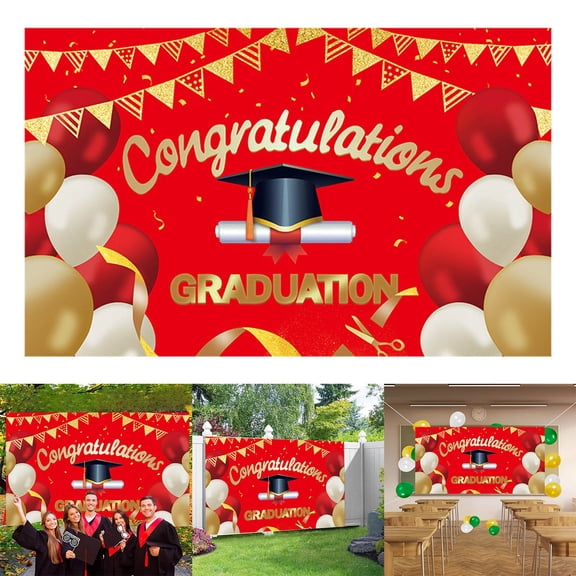 Graduation Backdrop Red Gold Congrats Grad Photography Background for Class of 2026, Congratulations Graduate Party Decorations Banner Glitter for School Graduation Prom Party Supplies