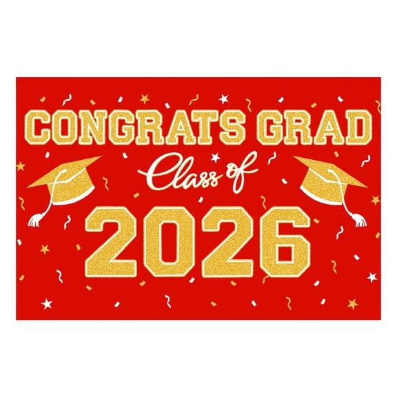 Graduation Banner Backdrop Class of 2026 Graduation Party Decorations Supplies Congrats Grad Fabric Backdrop Background for High School College University Indoor Outdoor 59x39 in, Red Gold