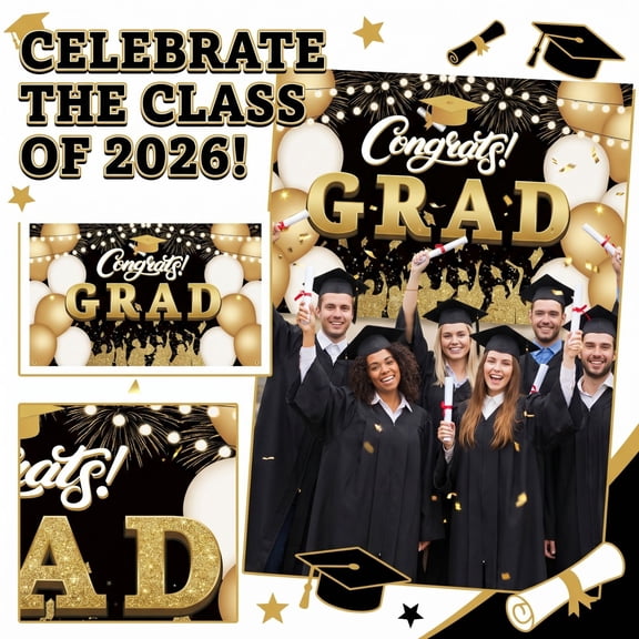 Graduation Banner Backdrop Class of 2026 Graduation Party Decorations Supplies Congrats Grad Fabric Backdrop Background for High School College University Indoor Outdoor