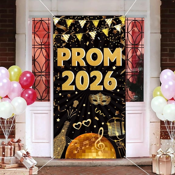 Black and Gold Prom Decorations Graduation Door Cover, 71 x 35 Inch Grad Party Photo Backdrop, Congrats 2026 Door Curtain for Night Party, Home, Classroom