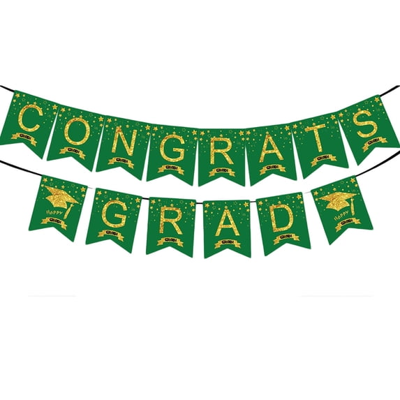 Graduation Banner Decor Gold Green Congrats Grad Sign, Graduation Party Supplies with Graduation Cap Design for College High School Celebration Wall Photo Background Party Decorations