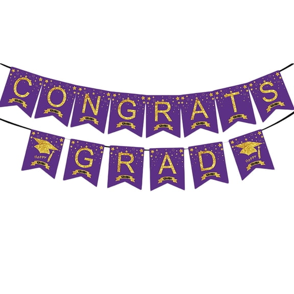 Graduation Banner Decor Gold Purple Congrats Grad Sign, Graduation Party Supplies with Graduation Cap Design for College High School Celebration Wall Photo Background Party Decorations