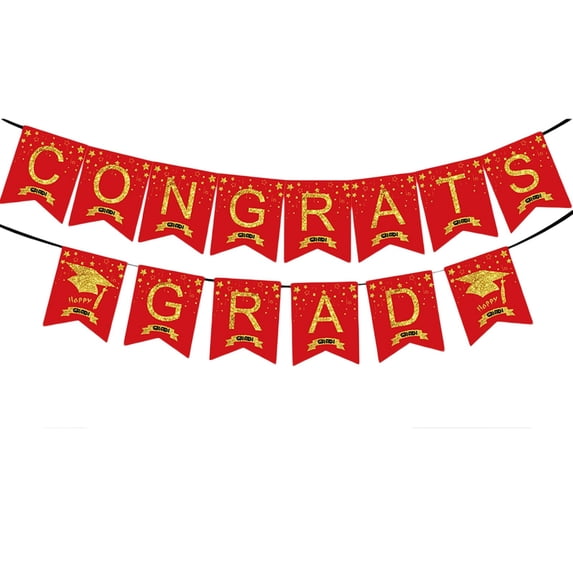 Graduation Banner Decor Gold Red Congrats Grad Sign, Graduation Party Supplies with Graduation Cap Design for College High School Celebration Wall Photo Background Party Decorations