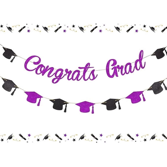 Graduation Banner Decorations 2026 Congrats Grad Banner Purple Black Glitter Cap Bunting Garland Sign for Seniors High School College University Class of 2026 Supplies