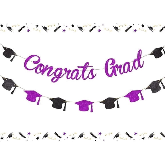 Graduation Banner Decorations 2026 Congrats Grad Banner Purple Black Glitter Cap Bunting Garland Sign for Seniors High School College University Class of 2026 Supplies