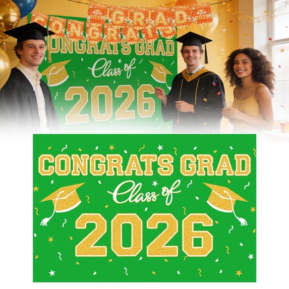 Graduation Banner Set Verdsylv Class of 2026 Green & Gold Graduation Backdrop Banner - 1Pc Photo Background Cloth for Party Decor