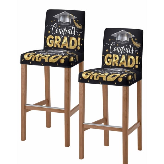 Graduation Bar Stool Covers Set of 2, School Grad Gold Stars Black Stretch Washable Bar Chair Covers with Backs, Removable Pub Counter Height Chair Cover for Kitchen Dining Room Cafe