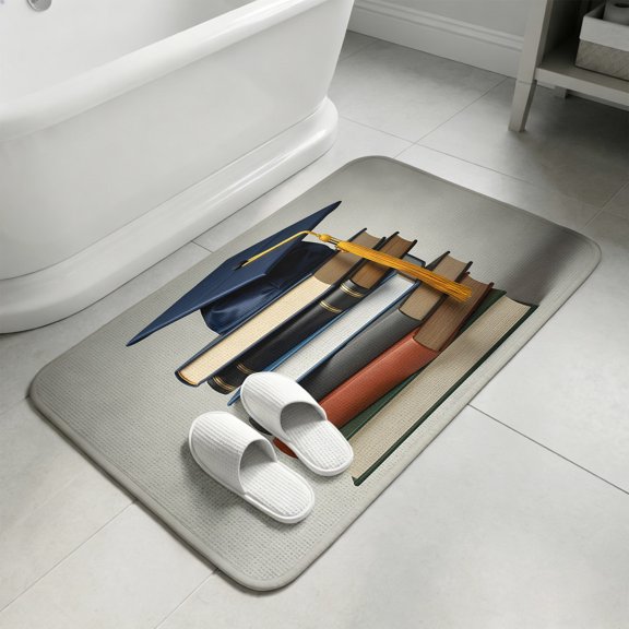 Graduation Bathroom Rugs Non Slip Washable Bath Mat Absorbent Low Pile Front Door Mat Graduation Cap Tassel Books Education Indoor Doormat for Kitchen Entryway Shower Decor Accessories 15.7"x23.6"