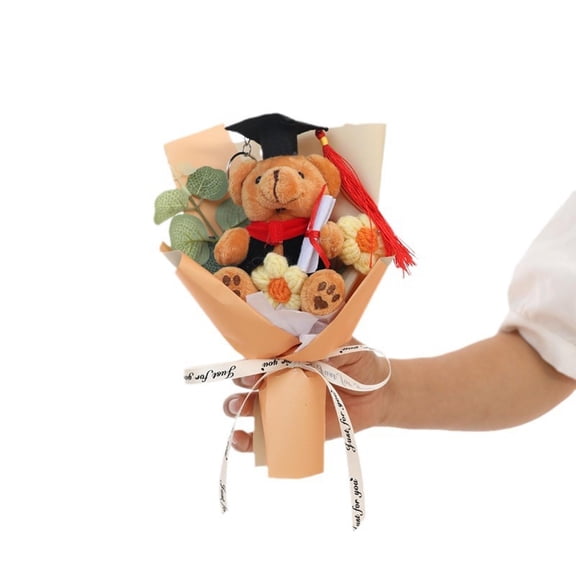 Graduation Bear Floral Bouquet, Elegant Silk Flower Arrangement for Academic Achievement Celebration, Portable Decorative Flower Bouquet for Family Friend Gifting and Indoor Desktop Ornament