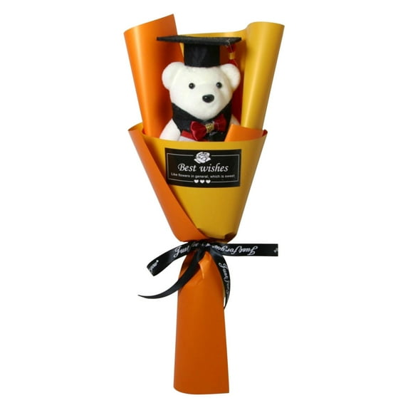 Graduation Bear Flower Bouquet - Plush Stuffed Animal with Artificial Flowers, Mini Bear with Grad Cap for 2026 Graduation Party Supplies - Orange