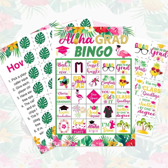 Graduation Bingo Cards, Aloha Grad Graduation Bingo Game, Tropical Graduation Bingo Game for Graduation Party, Graduation School Classroom Activity, Grad Party Supplies, 24 Players Bingo Games