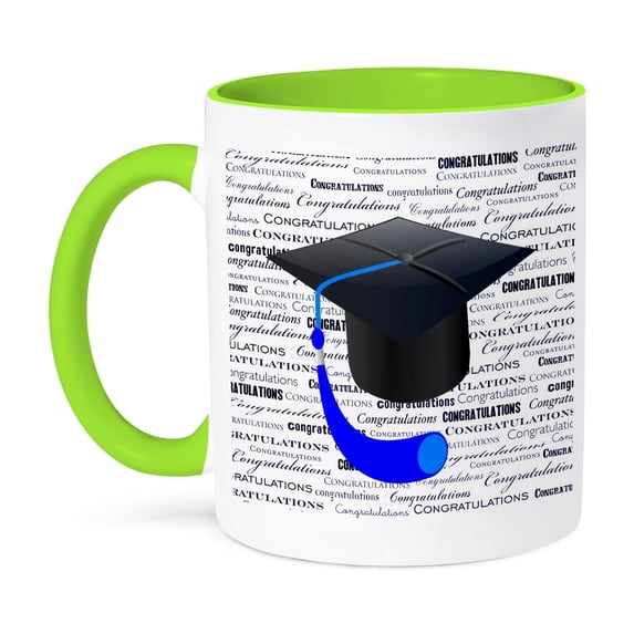 3dRose, Graduation Black Cap With Blue Tassle On Blue Congrats Background, 11oz Two-Tone Green Mug