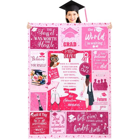 Graduation Blanket, 2024 Graduation Gifts for Him Her Class of 2024 Graduation Blanket for 2024 High School Phd Bachelors Masters Degree Graduation Gifts, 60'' x 50'' (Pink and White)
