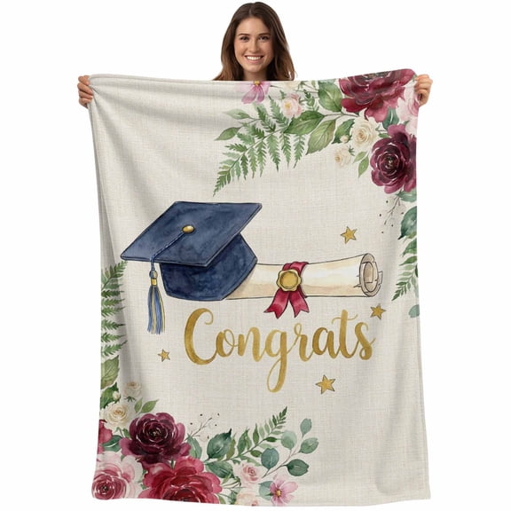 Graduation Blanket Soft Cozy Warm Throw Blanket for Couch, Plush Fuzzy Flannel Fleece Blankets for Sofa, Grad Watercolor Flowers Leaf on Linen Bed Blankets Lightweight Gifts for Women, 30"x40"