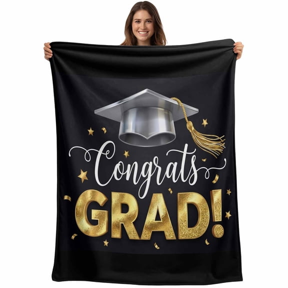 Graduation Blanket Soft Cozy Warm Throw Blanket for Couch, Plush Fuzzy Flannel Fleece Blankets for Sofa, School Grad Gold Stars Black Bed Blankets Lightweight Gifts for Women, 40"x50"